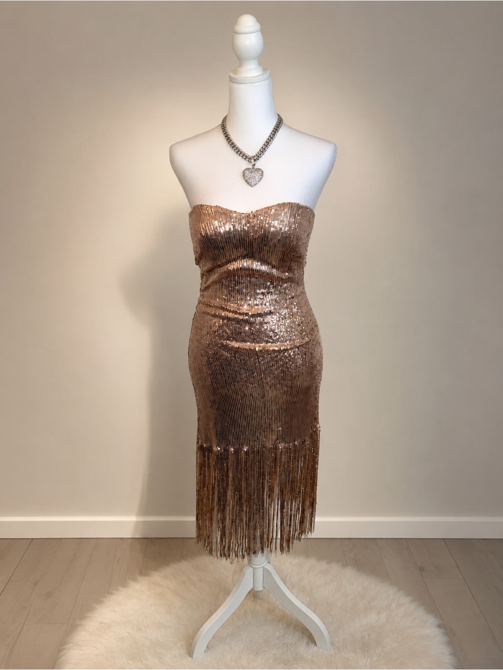 Fashion Nova Strapless Sequin Fringe Dress in Rose Gold